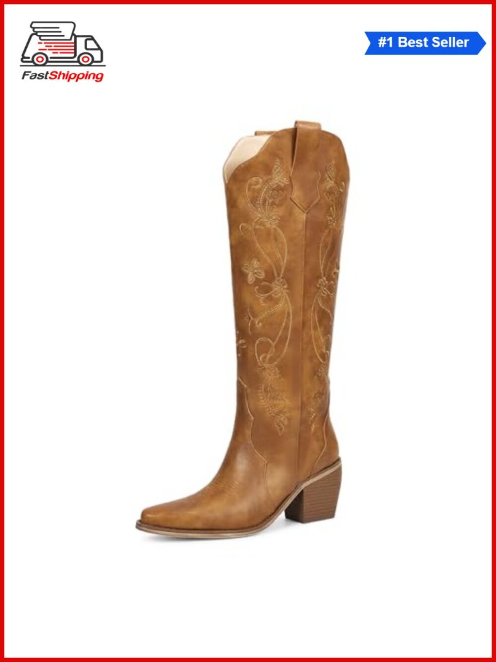 ⨠Cowboy Boots Womens Knee High Cowgirl Embroidered Pointed Toe Faux Leather